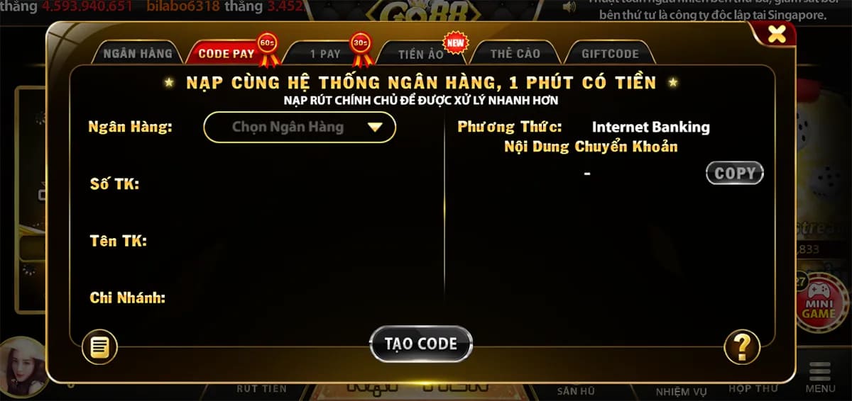 Nạp tiền go88 qua code pay