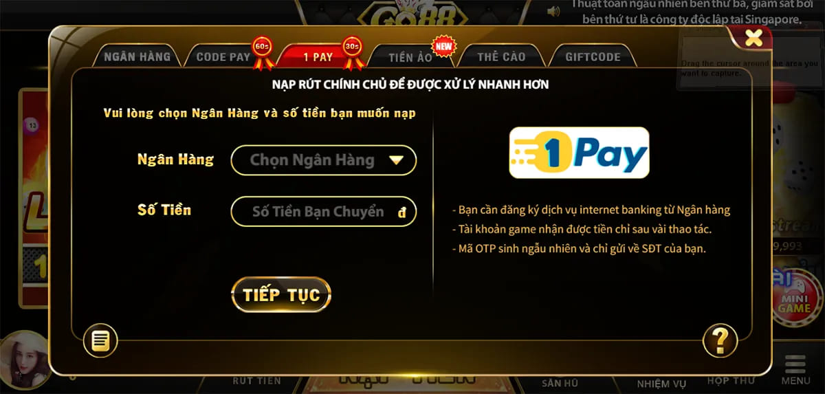 Nạp tiền Go88 qua 1 pay