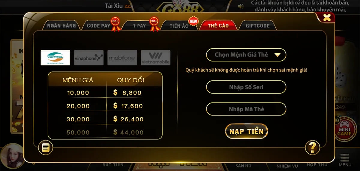 Hướng dẫn nạp tiền Go88 qua thẻ cào điện thoại