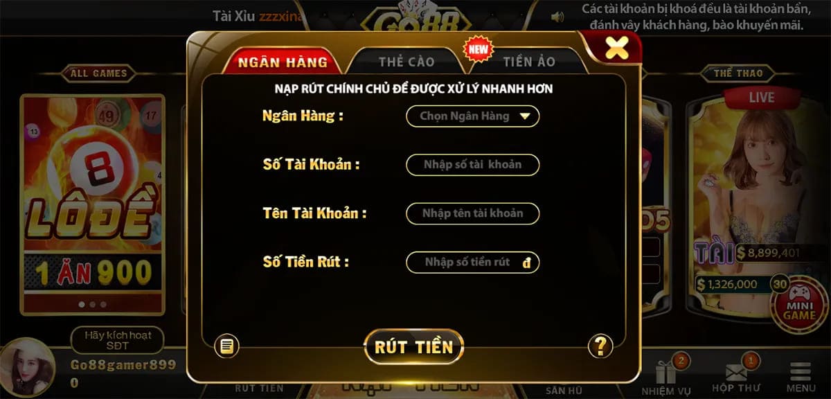 Hướng dẫn rút tiền Go88