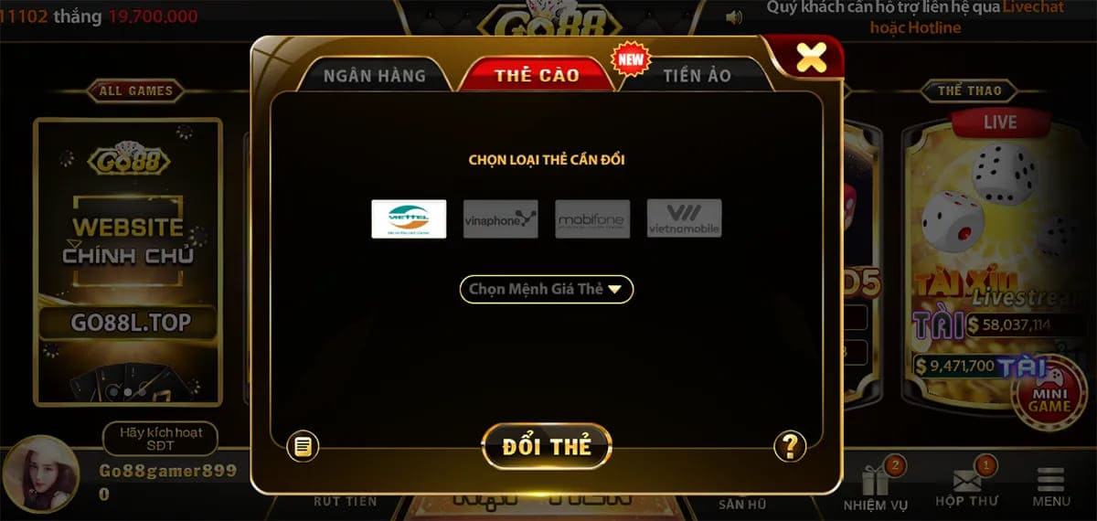 Hướng dẫn rút tiền Go88 qua thẻ cào