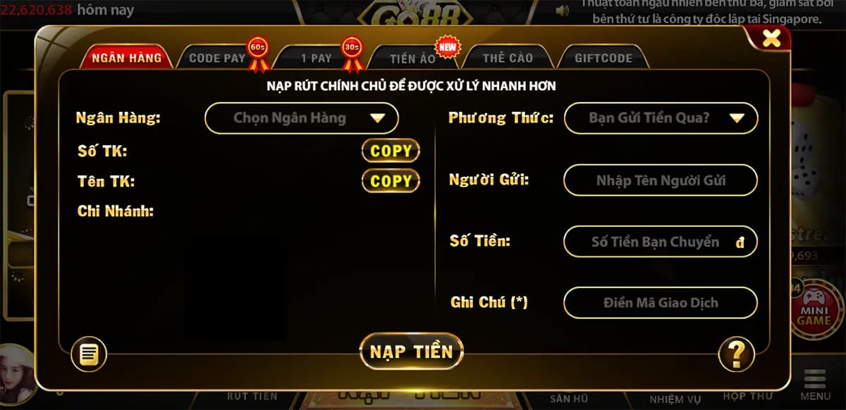 Nạp tiền Go88 qua kênh thanh toán Ngân hàng